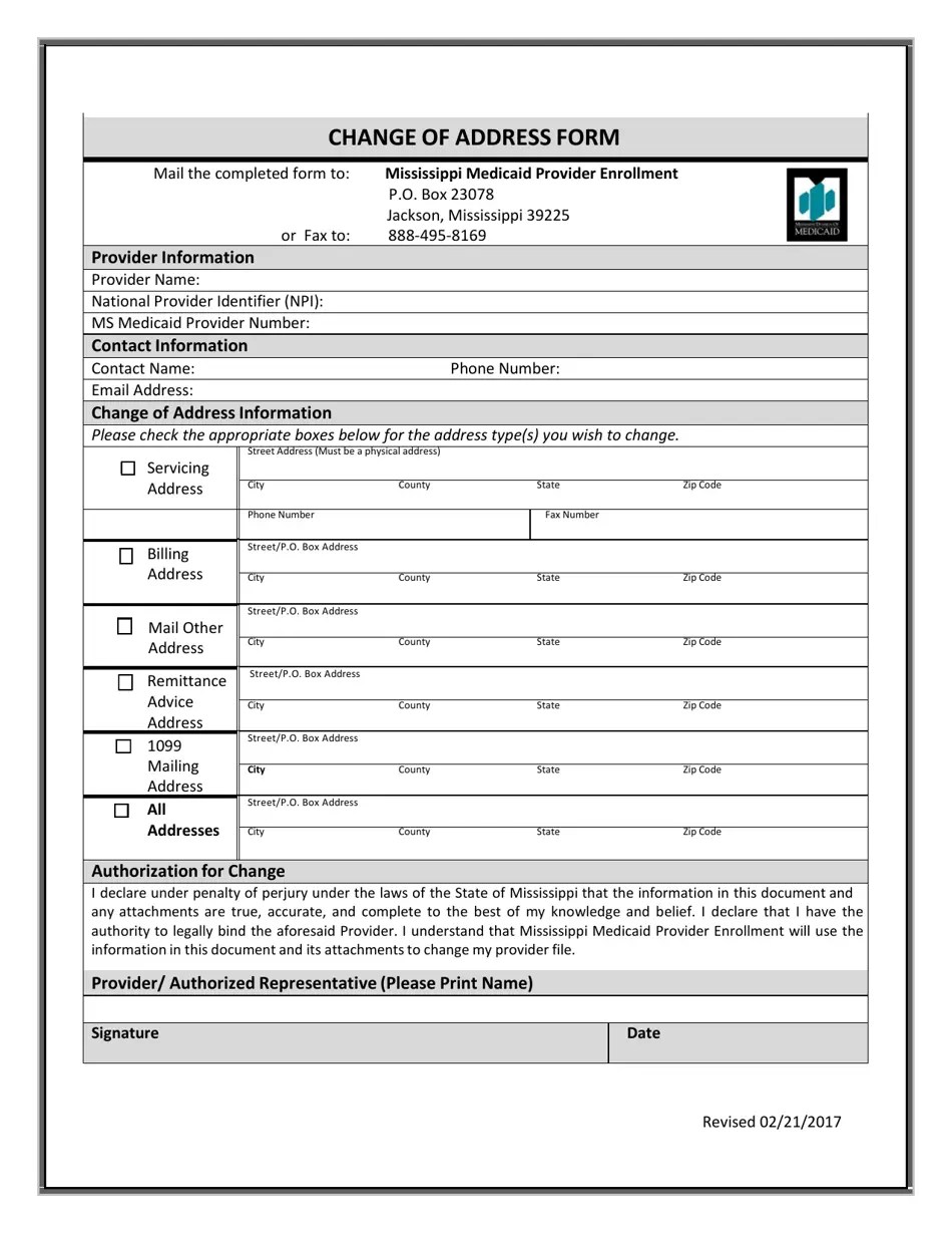 Mississippi Provider Change of Address Form Fill Out, Sign Online and