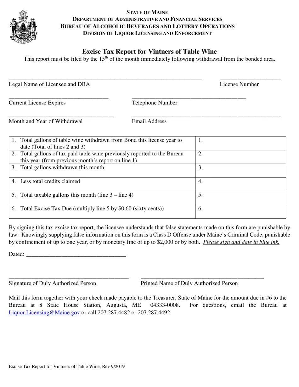 Maine Excise Tax Report for Vintners of Table Wine Download Fillable
