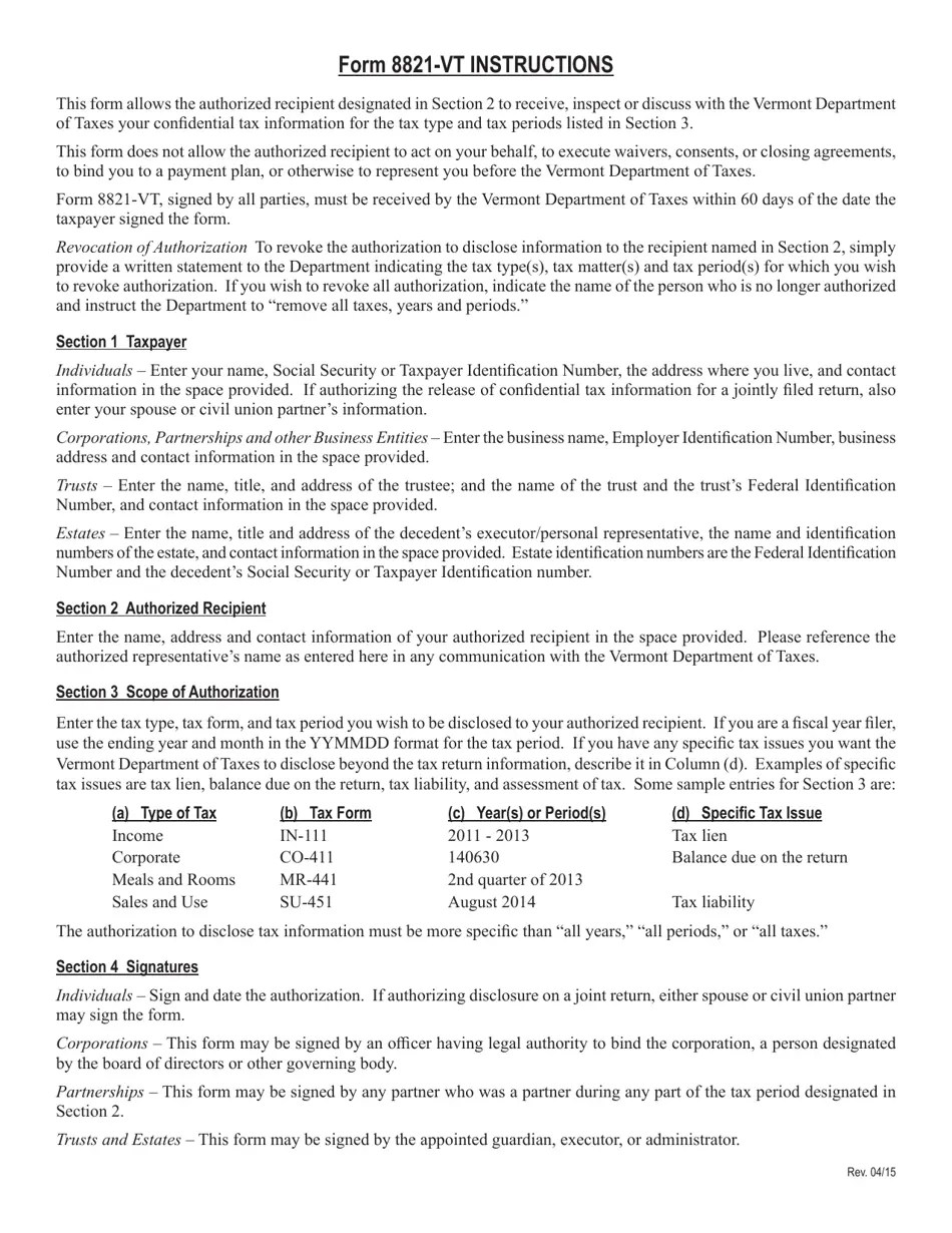 VT Form 8821VT Download Printable PDF or Fill Online Authorization to Release Tax Information