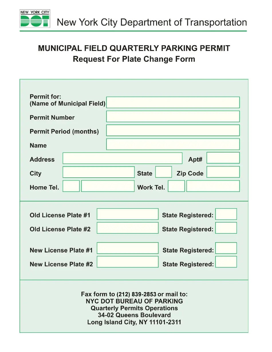 New York City Municipal Field Quarterly Parking Permit Request for
