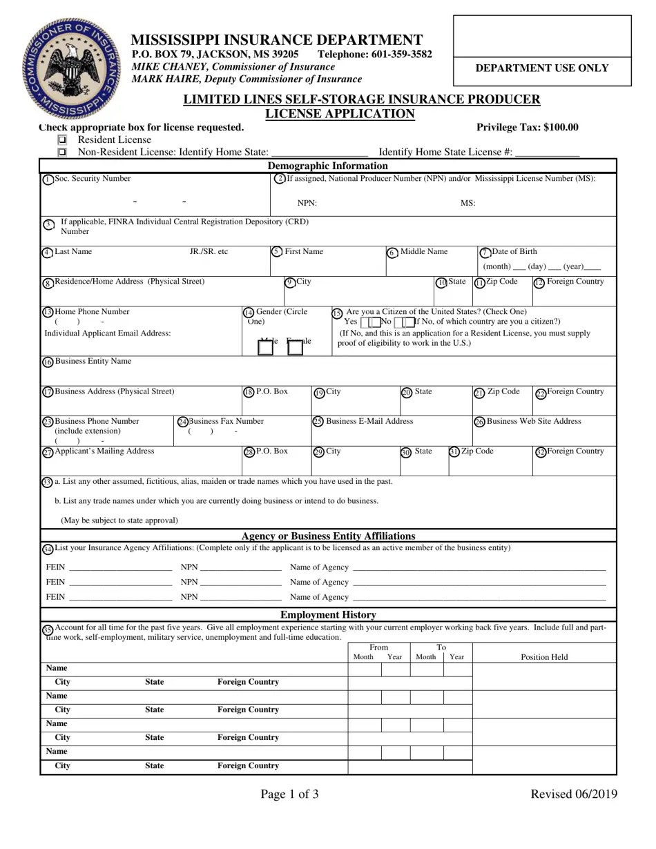 Mississippi Limited Lines Selfstorage Insurance Producer License Application Fill Out, Sign