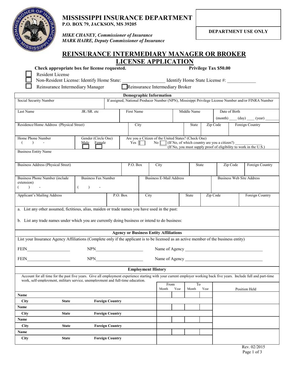 Mississippi Reinsurance Intermediary Manager or Broker License Application Fill Out, Sign