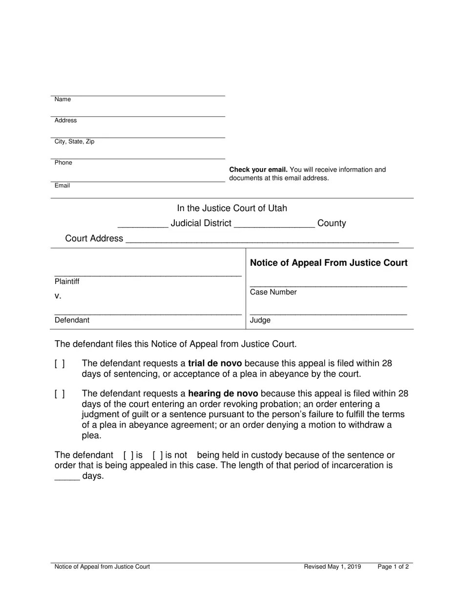 Utah Notice of Appeal From Justice Court Fill Out, Sign Online and