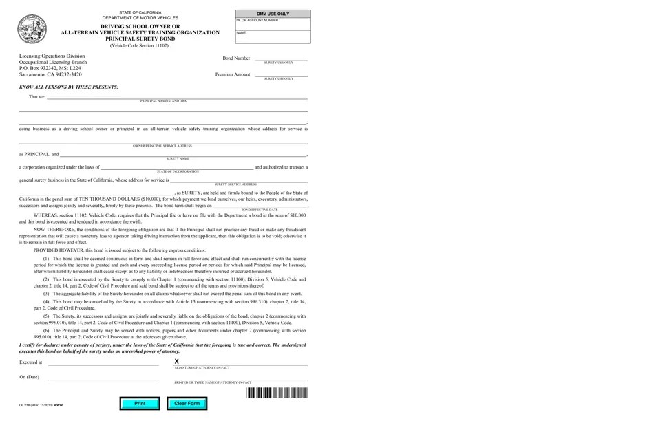 Form OL218 Fill Out, Sign Online and Download Fillable PDF