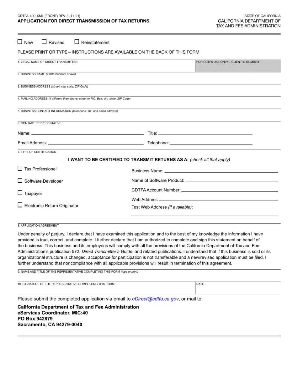 Form CDTFA400XML Download Fillable PDF or Fill Online Application for