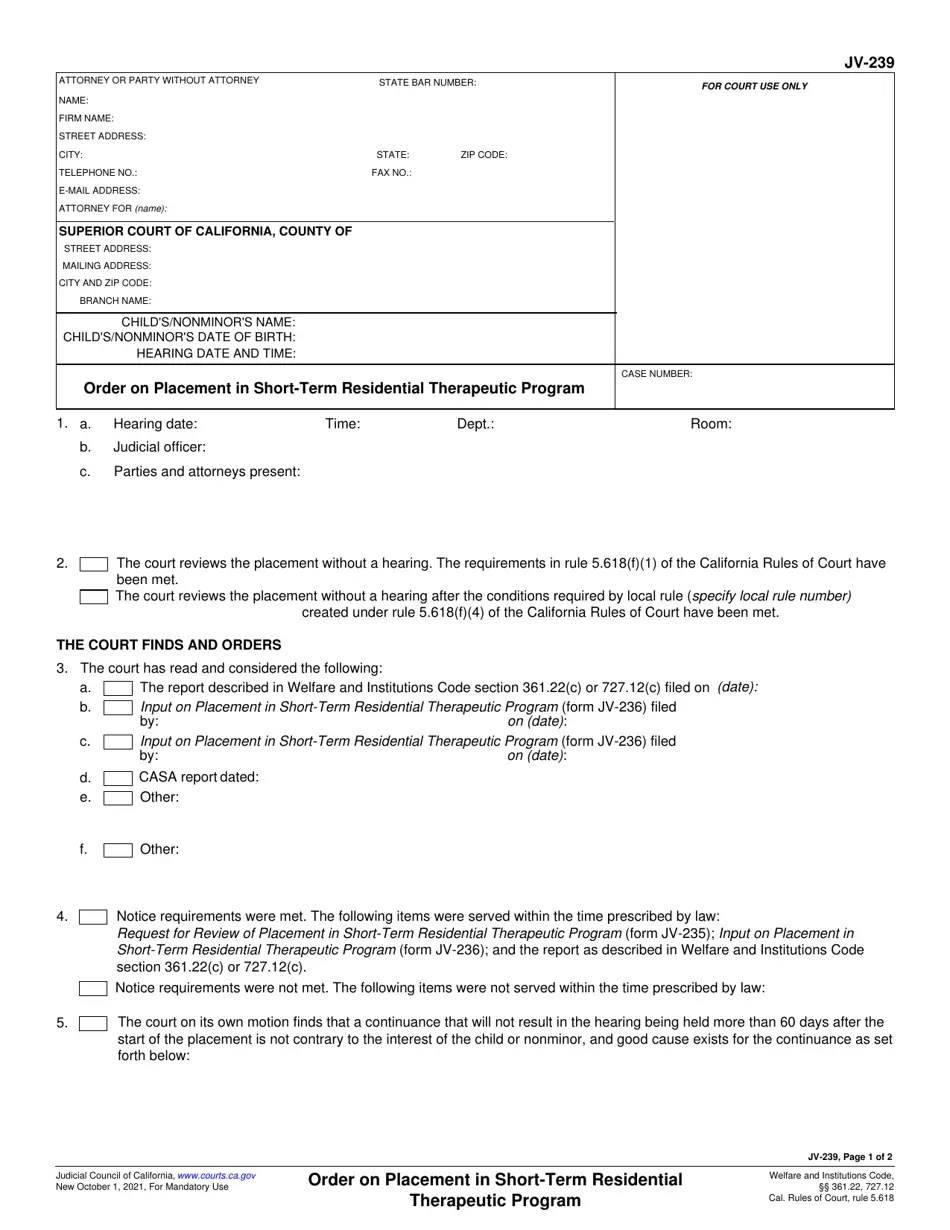 Form JV239 Fill Out, Sign Online and Download Fillable PDF