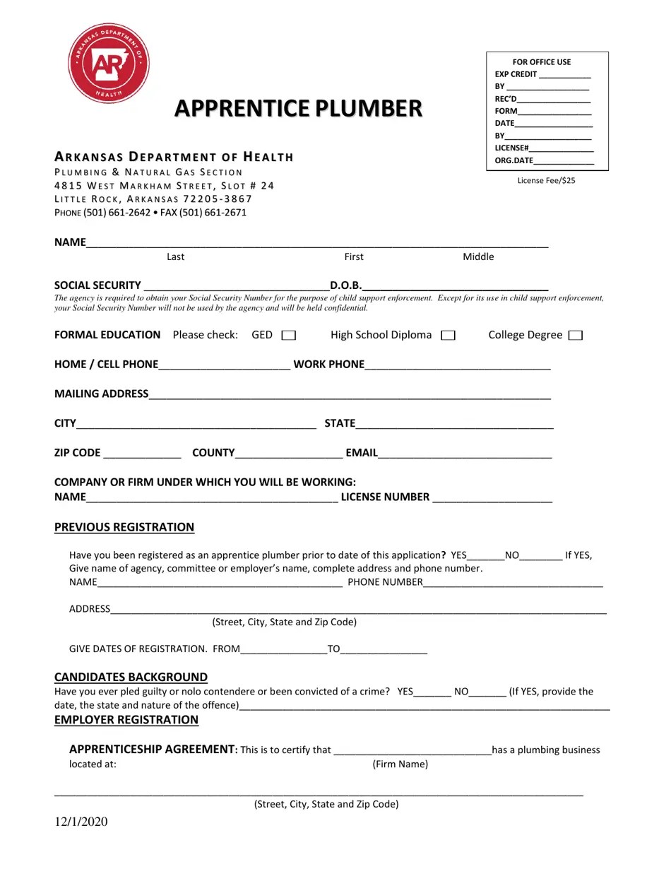 Arkansas Application for Apprentice Plumber Fill Out, Sign Online and