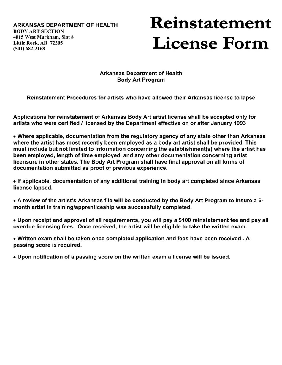 Arkansas Reinstatement License Form Body Art Fill Out, Sign Online
