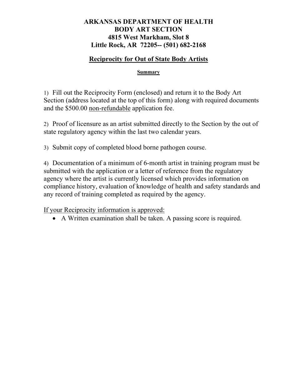 Arkansas Out of State Body Art Artists Reciprocity Form Fill Out