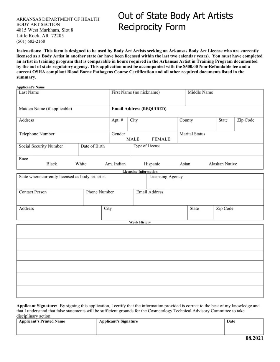 Arkansas Out of State Body Art Artists Reciprocity Form Fill Out