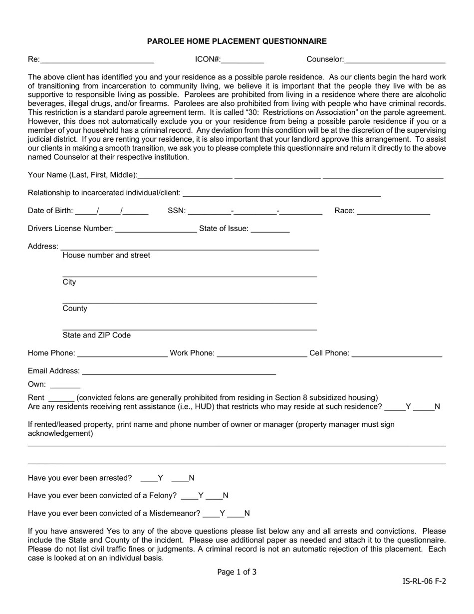 Iowa Parolee Home Placement Questionnaire Fill Out, Sign Online and