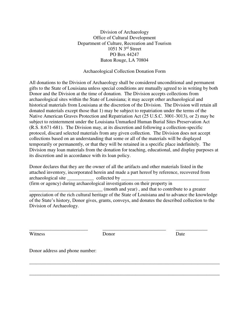 Louisiana Archaeological Collection Donation Form Fill Out, Sign