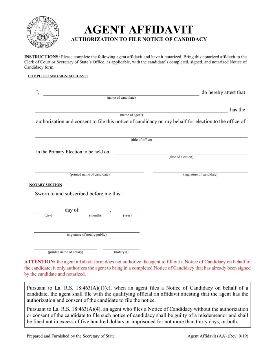 Louisiana Agent Affidavit Fill Out, Sign Online and Download PDF