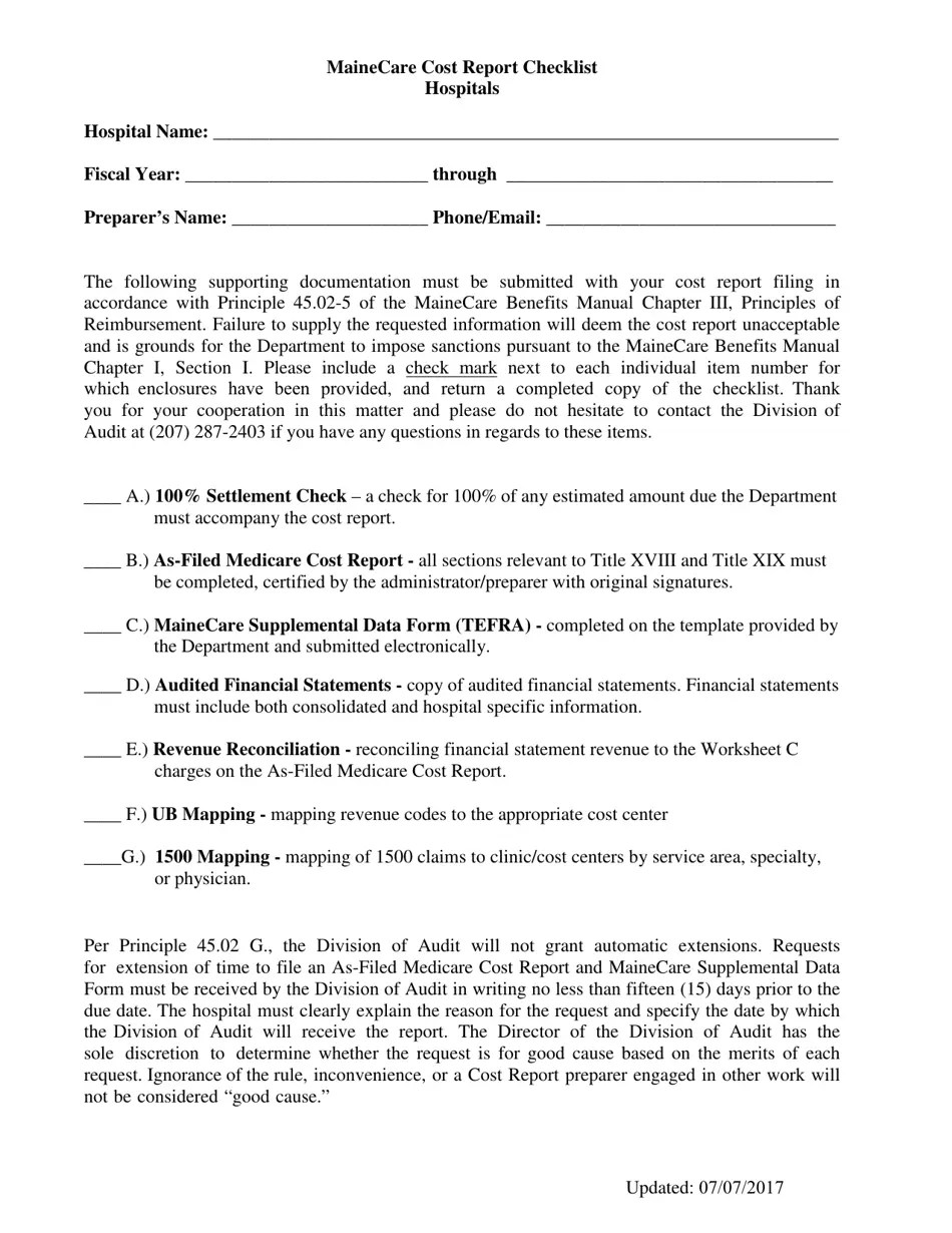 Maine Mainecare Cost Report Checklist Hospitals Fill Out, Sign