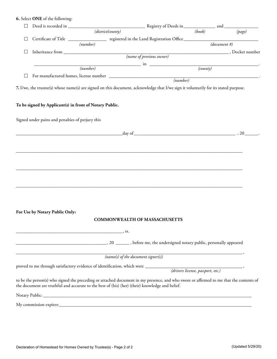 Massachusetts Declaration of Homestead for Homes Owned by Trustee(S