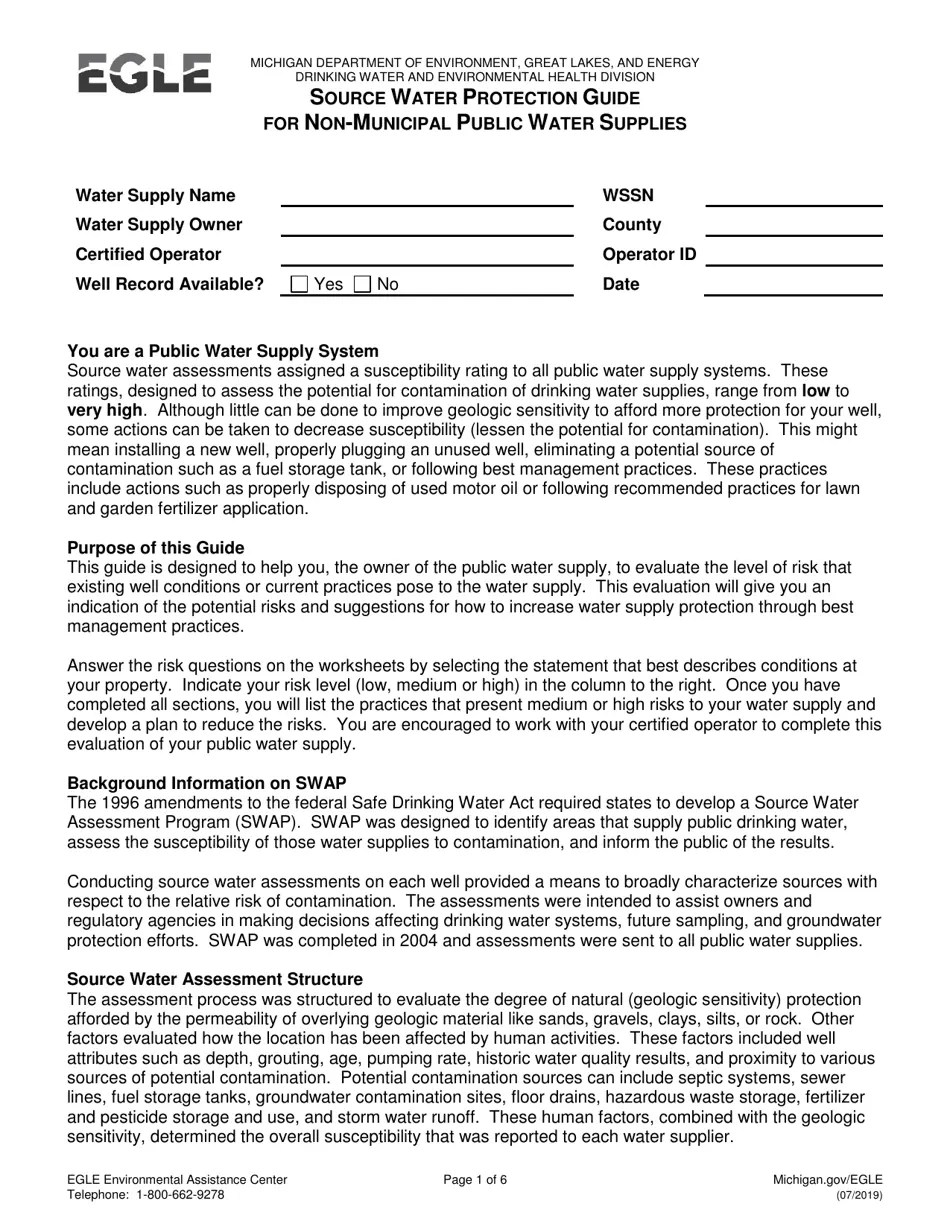 Michigan Source Water Protection Guide for Nonmunicipal Public Water