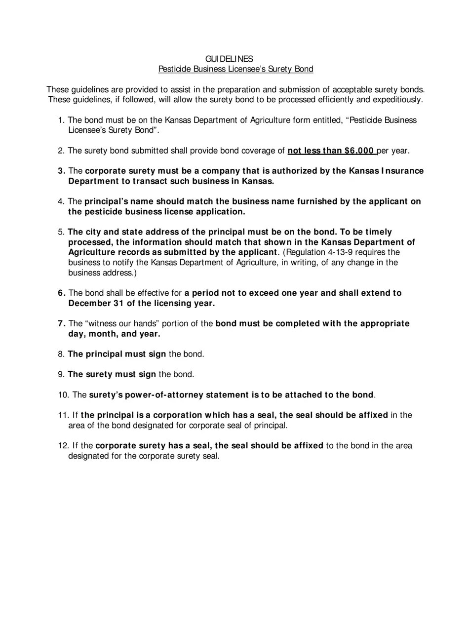 Kansas Pesticide Business Licensee's Surety Bond Fill Out, Sign