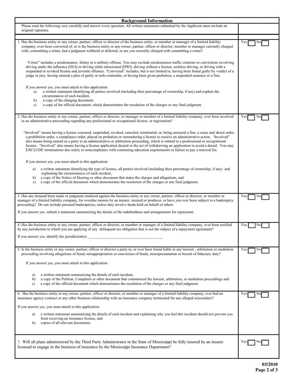 Mississippi Third Party Administrator License Application Fill Out