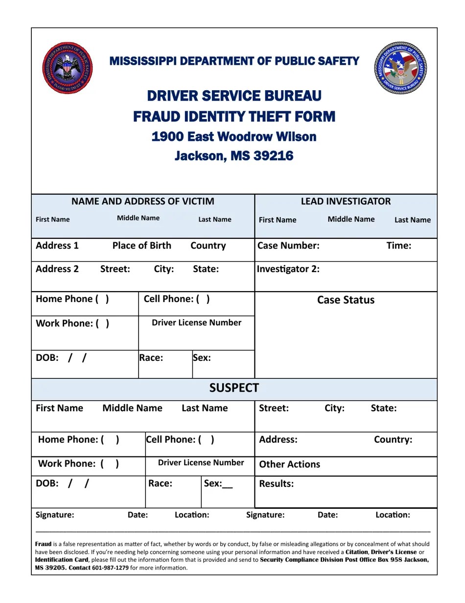 Mississippi Fraud Identity Theft Form Fill Out, Sign Online and Download PDF Templateroller