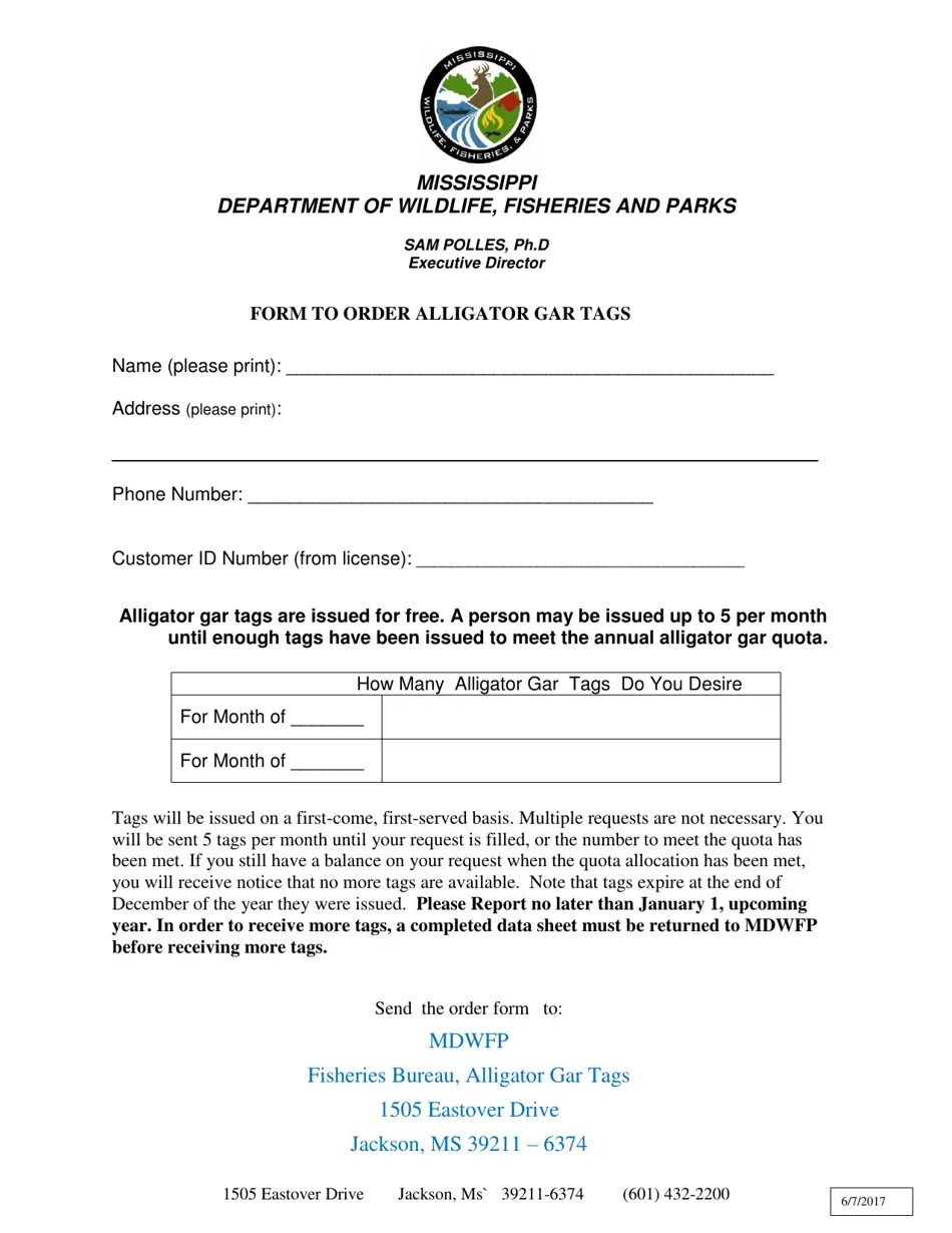 Mississippi Form to Order Alligator Gar Tags Fill Out, Sign Online