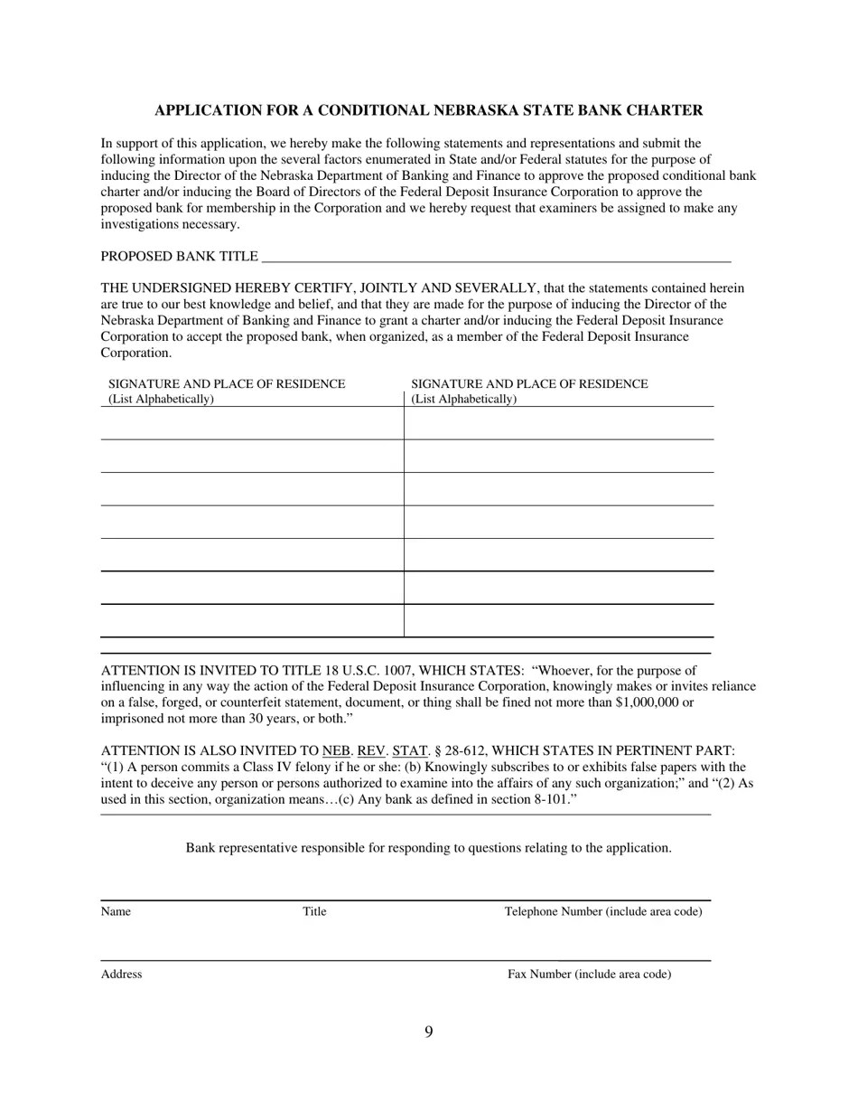 Nebraska Conditional State Bank Charter Application Fill Out, Sign