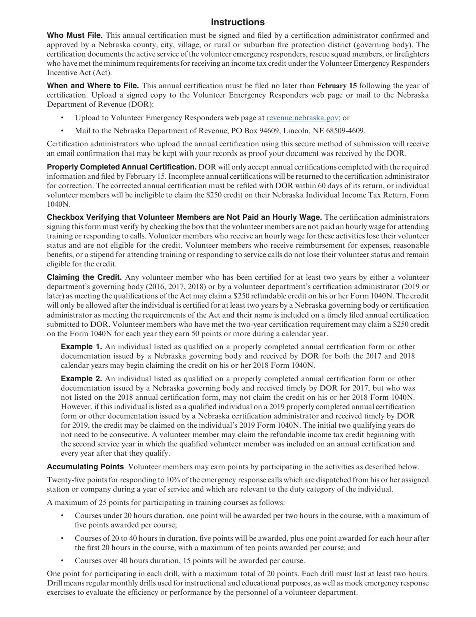 Nebraska Annual Certification for the Volunteer Emergency Responders