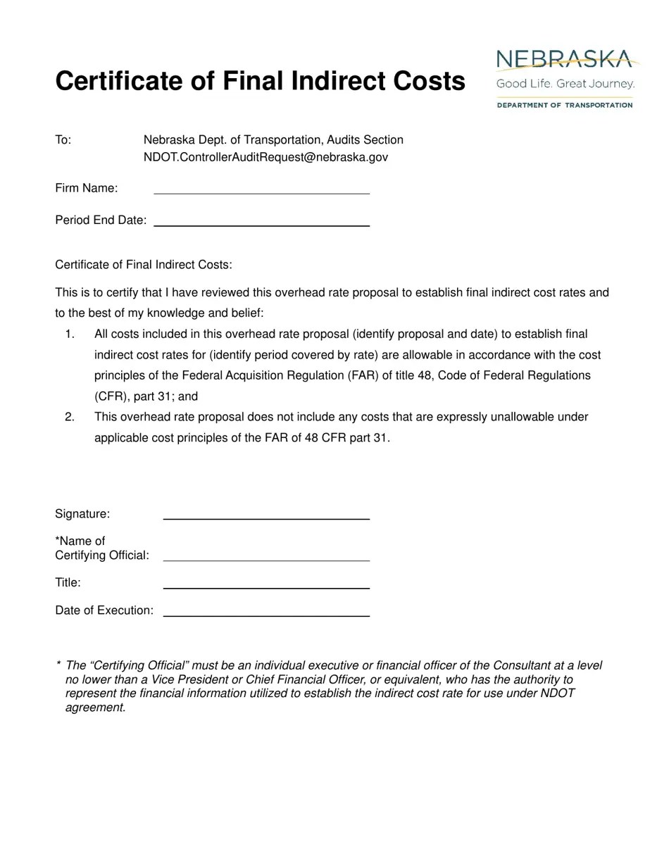 Nebraska Certificate of Final Indirect Costs Fill Out, Sign Online