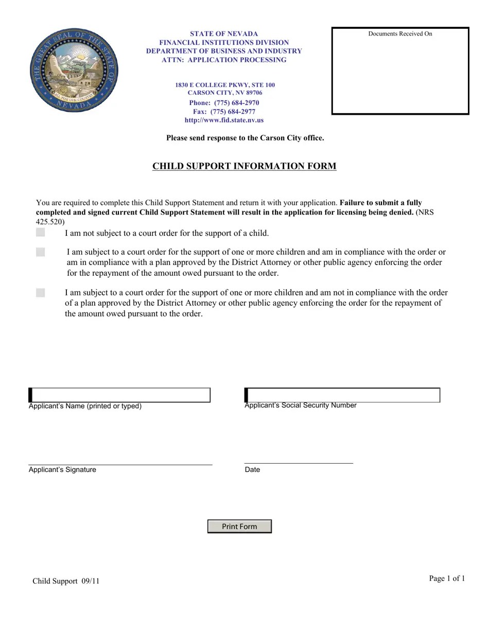 Nevada Child Support Information Form Fill Out, Sign Online and