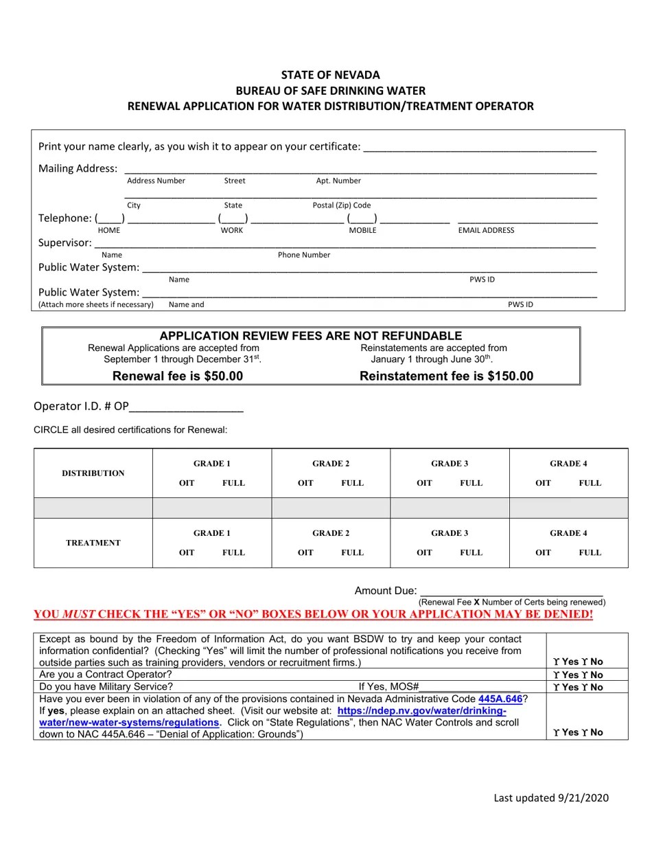 Nevada Renewal Application for Water Distribution/Treatment Operator