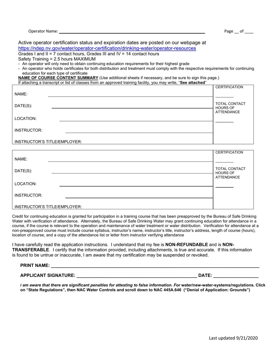 Nevada Renewal Application for Water Distribution/Treatment Operator