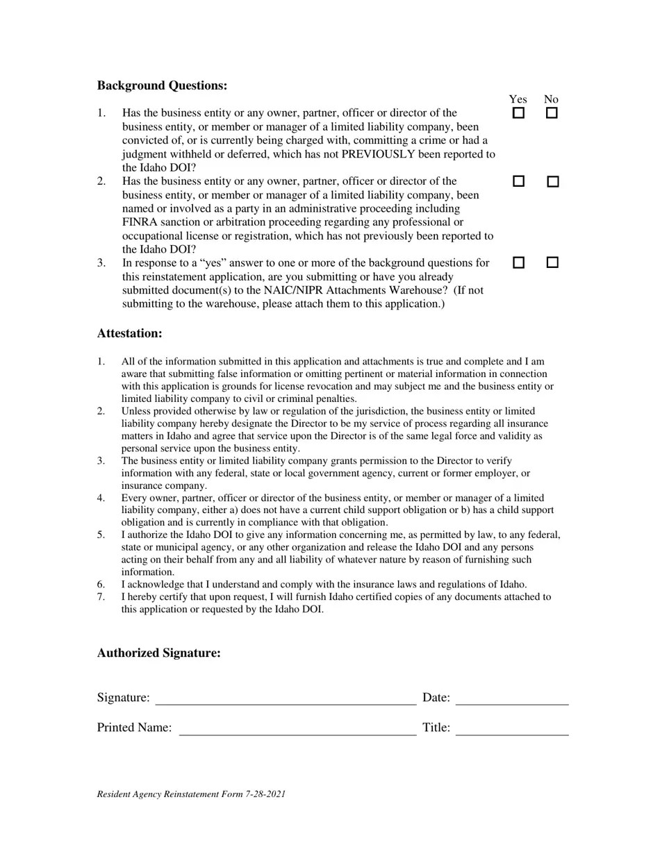 Idaho Resident Agency Reinstatement Form Fill Out, Sign Online and