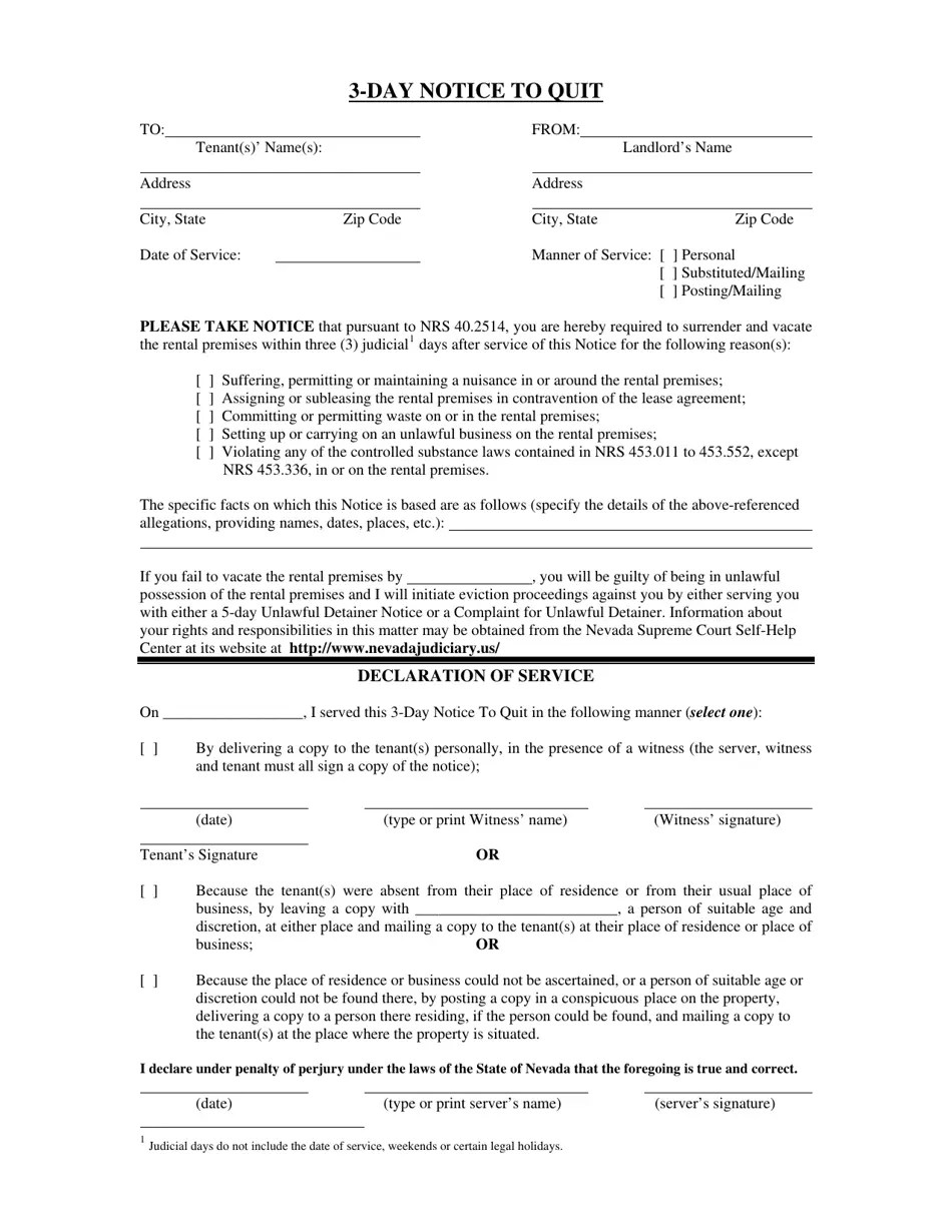 Nevada 3day Notice to Quit Fill Out, Sign Online and Download PDF