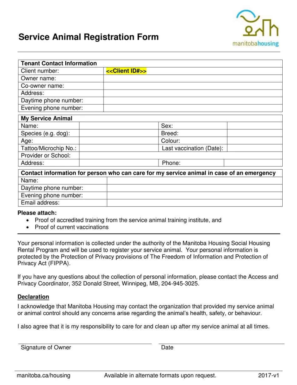 Manitoba Canada Service Animal Registration Form Fill Out, Sign