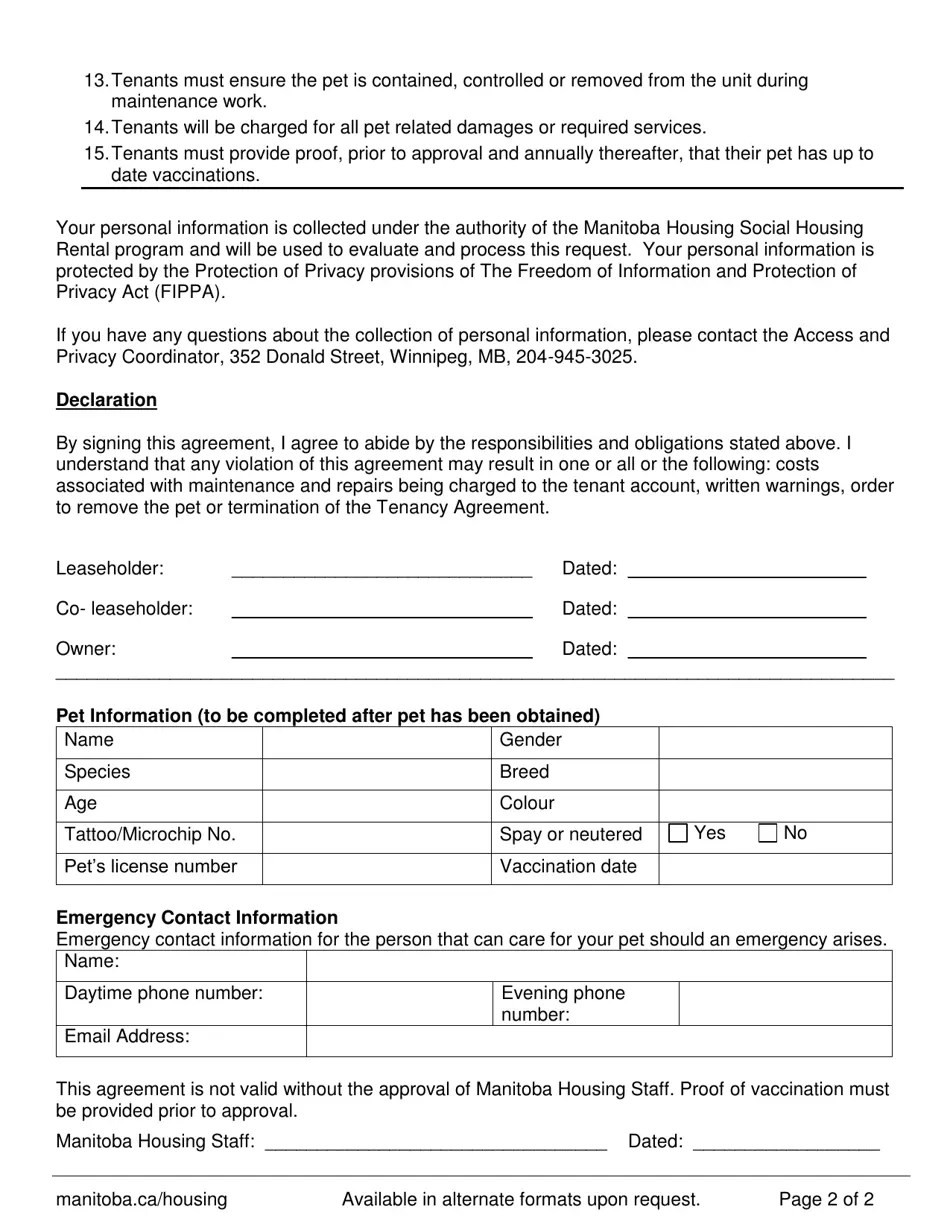 Manitoba Canada Pet Agreement Fill Out, Sign Online and Download PDF