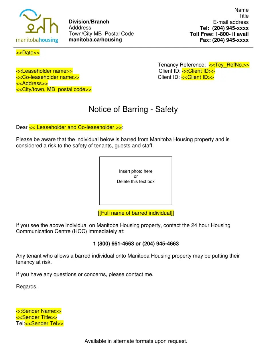 Manitoba Canada Notice of Barring Letter Safety Fill Out, Sign