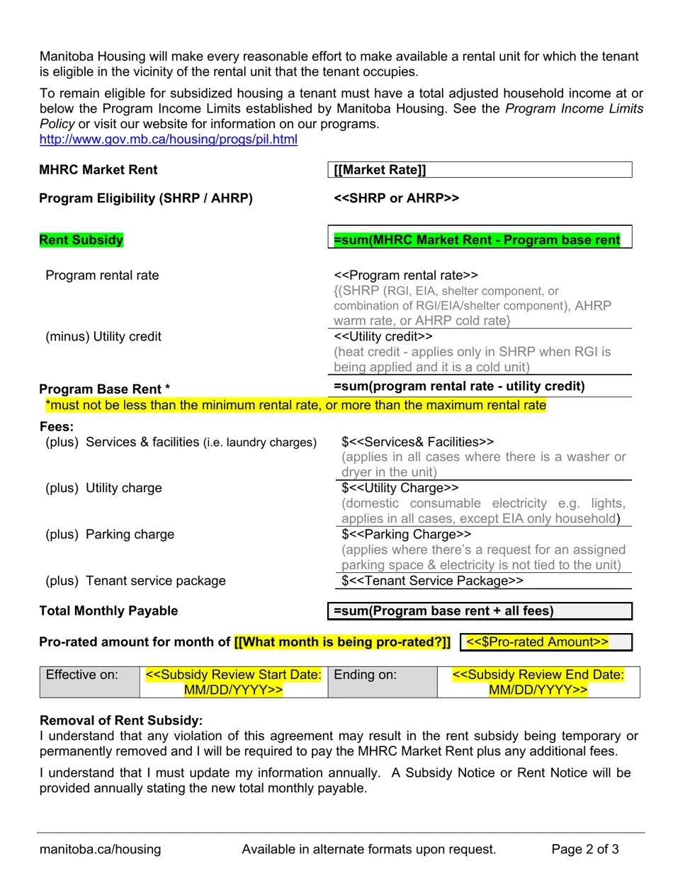 Manitoba Canada Subsidy Agreement (Addendum to Tenancy Agreement