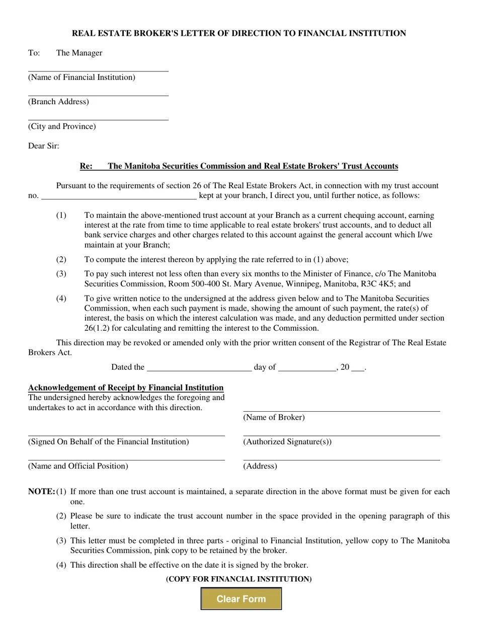 Manitoba Canada Real Estate Broker's Letter of Direction to Financial Institution Fill Out