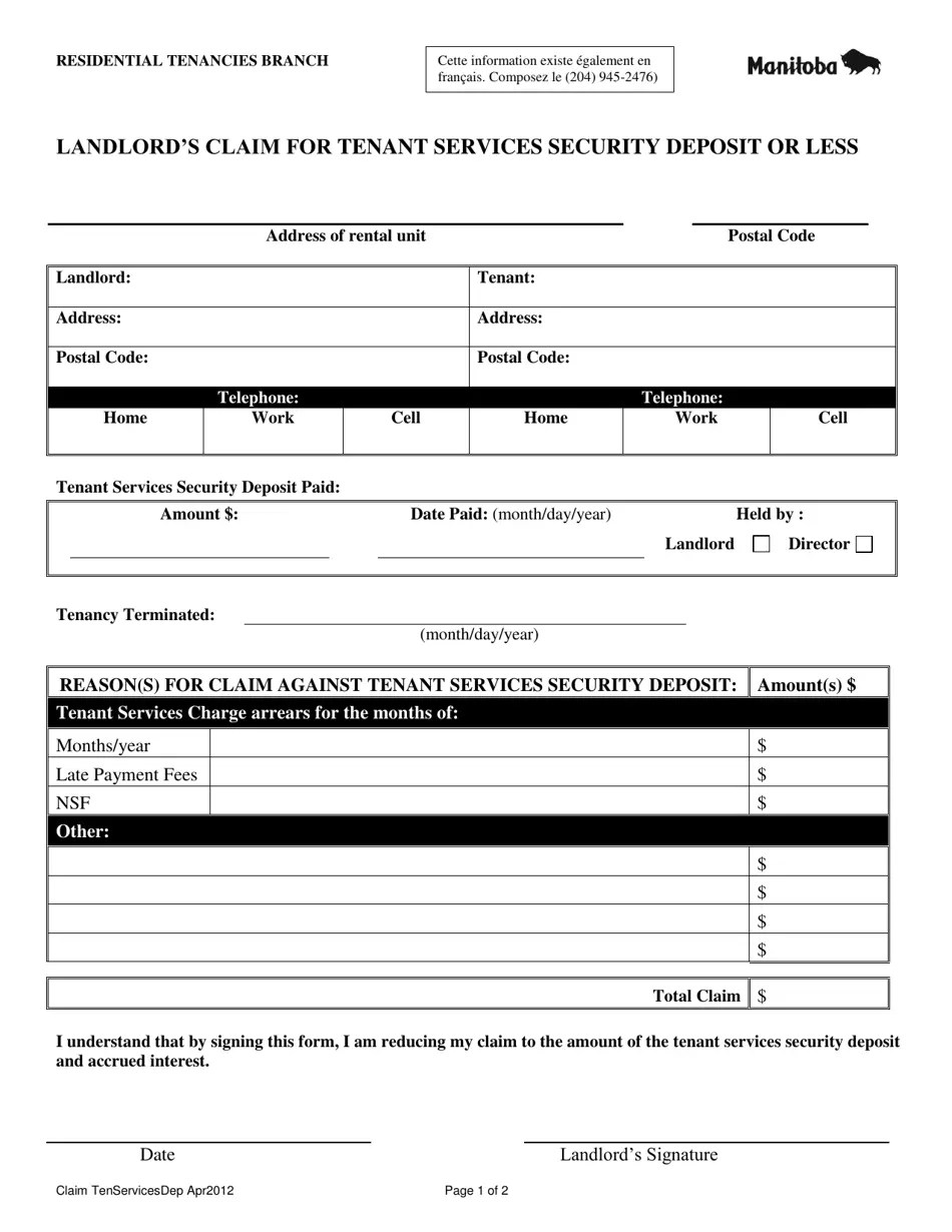 Manitoba Canada Landlord's Claim for Tenant Services Security Deposit