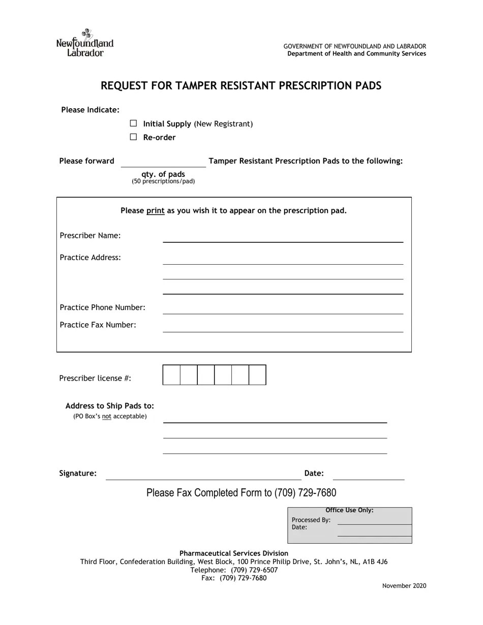 Newfoundland and Labrador Canada Request for Tamper Resistant Prescription Pads Download