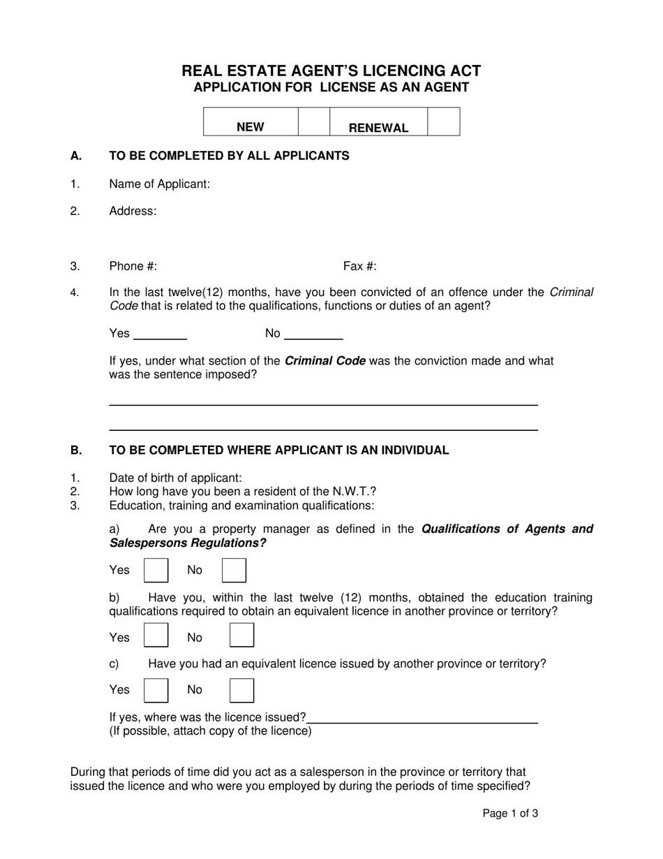 Northwest Territories Canada Application for License as an Agent Real