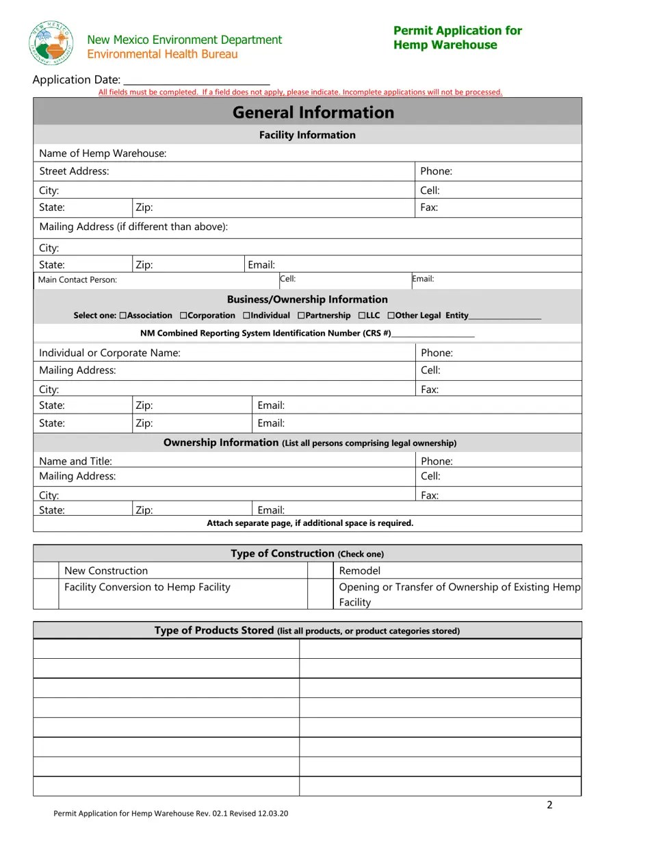 New Mexico Permit Application for Hemp Warehouse Fill Out, Sign