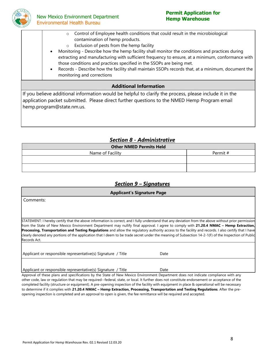 New Mexico Permit Application for Hemp Warehouse Fill Out, Sign