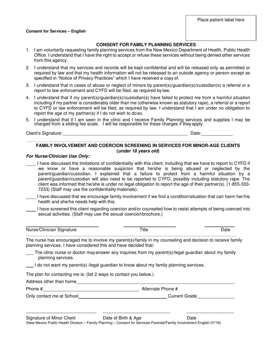 New Mexico Consent for Family Planning Services (English/Spanish