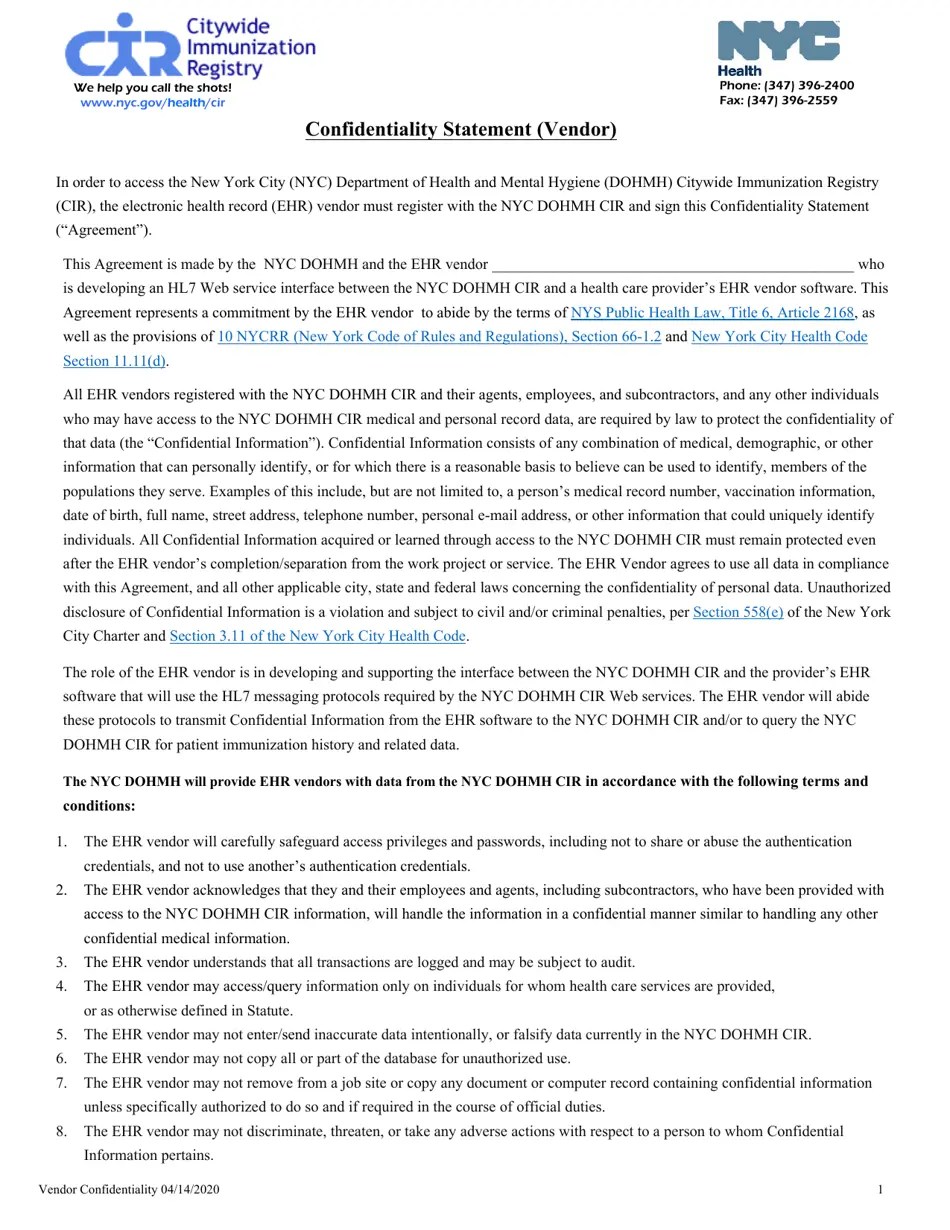 New York City Confidentiality Statement (Vendor) Fill Out, Sign Online and Download PDF