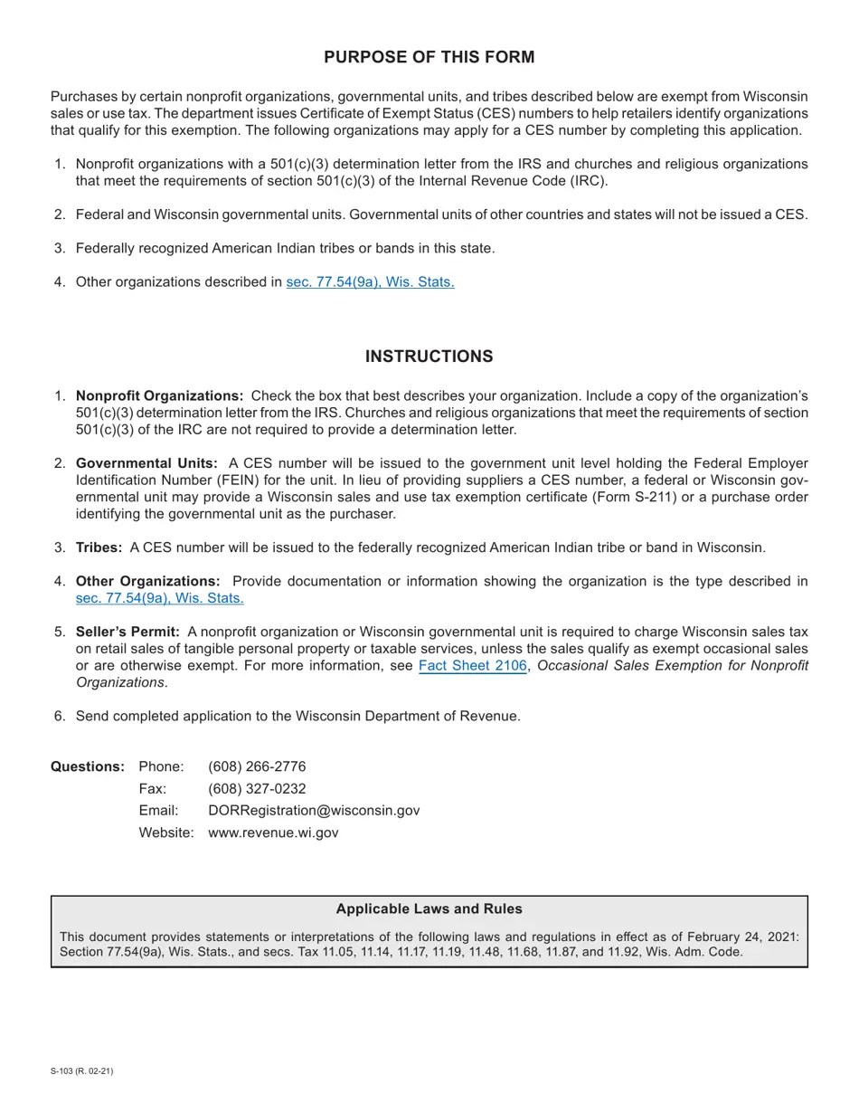 Form S103 Fill Out, Sign Online and Download Fillable PDF, Wisconsin(06)