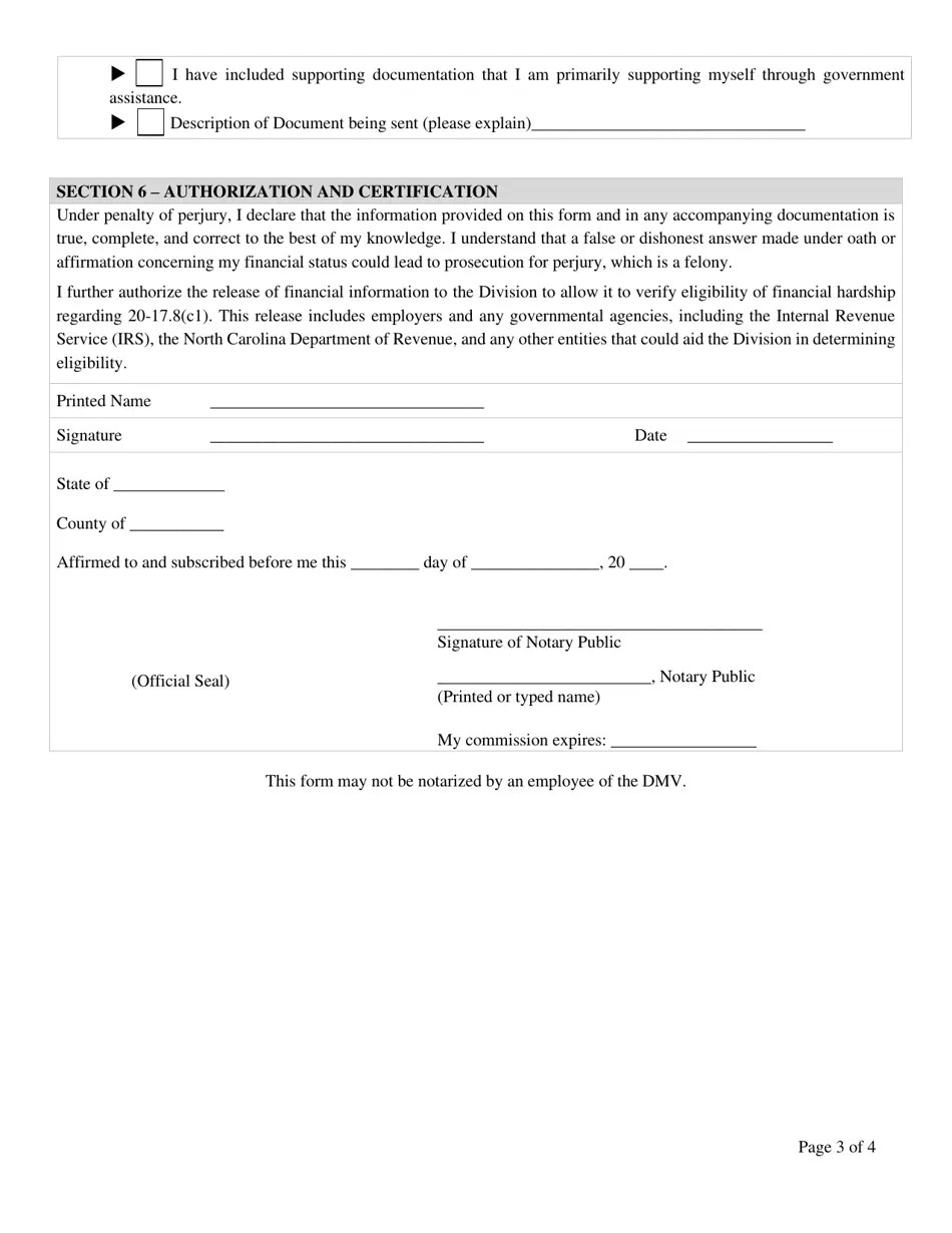 North Carolina Affidavit of Financial Hardship Request to Waive