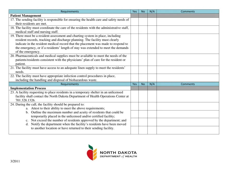 North Dakota General Requirements for Placement of Residents in an