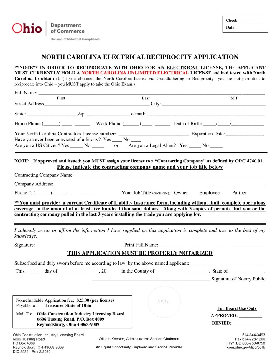 Form DIC3536 Fill Out, Sign Online and Download Printable PDF, Ohio
