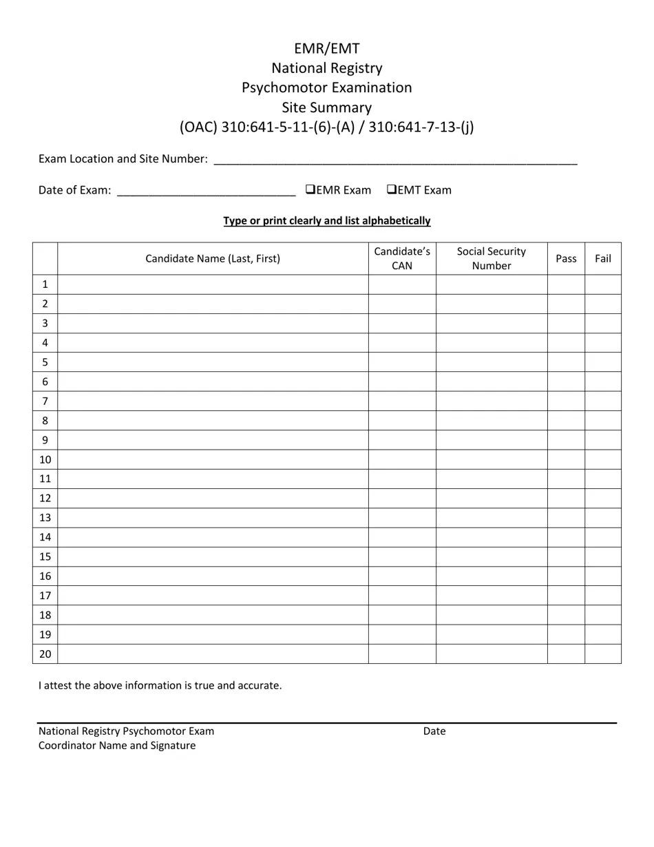 Oklahoma Emr/Emt National Registry Psychomotor Examination Site Summary