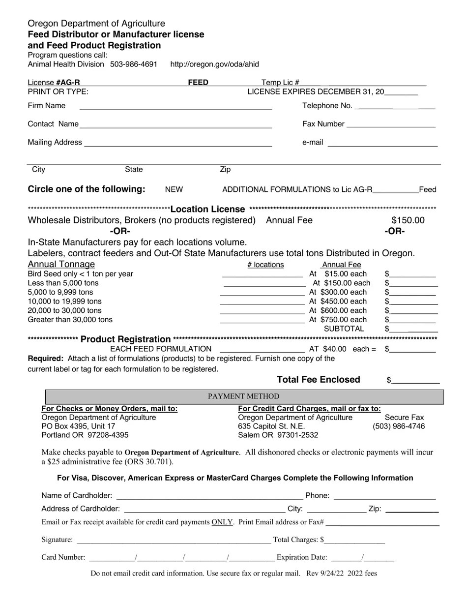2022 Oregon Feed Distributor or Manufacturer License and Feed Product Registration Fill Out